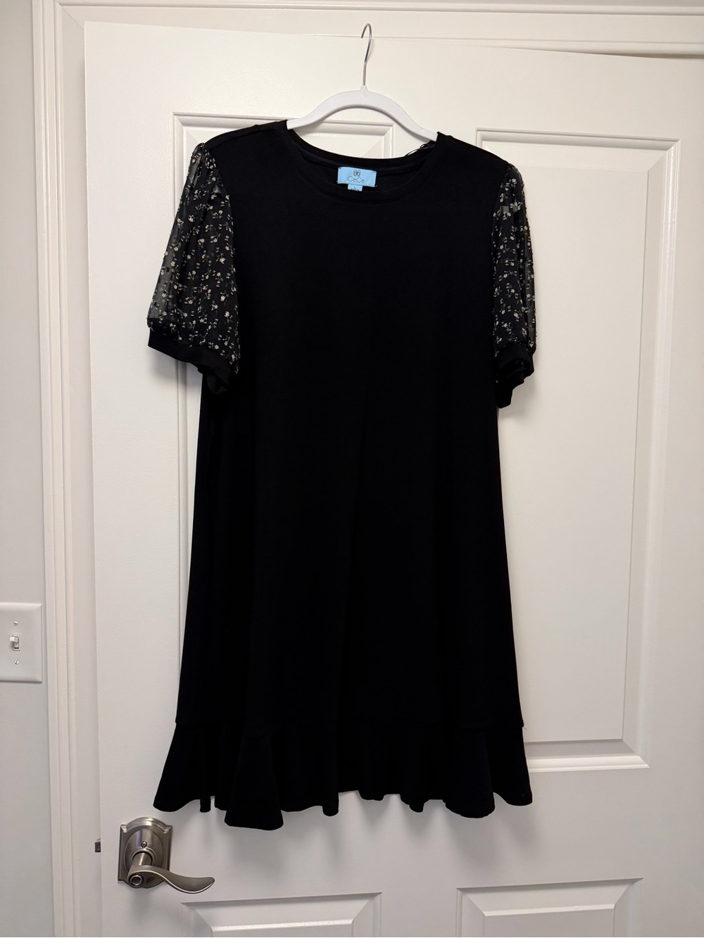 Black Short sleeve Dress with Floral Mesh bubble Sleeves